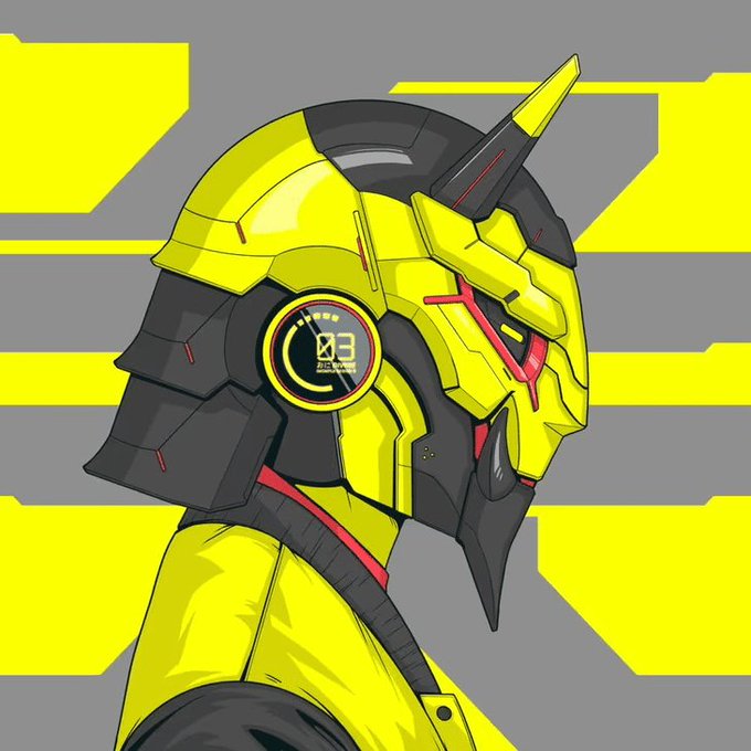 A digital illustration depicts a stylized yellow and black mechanical helmet with a glowing red '03' display, set against a background of gray and yellow geometric shapes.