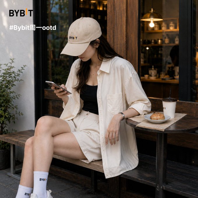 A woman wearing a beige BYBIT cap, white shirt, black top, white shorts, and white BYBIT socks sits at an outdoor cafe looking at her phone, with the text 'BYBIT' and '#Bybit周一ootd' visible in the upper left corner.