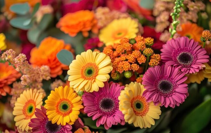 A vibrant close-up of a colorful flower arrangement featuring yellow, pink, orange, and magenta gerbera daisies along with other small blossoms and green foliage.
