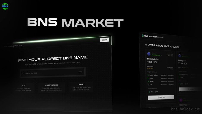 Screenshot of the BNS MARKET (Beldex Name Service) marketplace interface where users can buy, peer-to-peer trade, and sell BNS names with blockchain extensions, showing listings like 'blockchain.lola' at 1800 BDX.