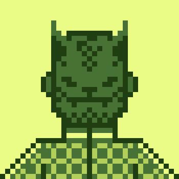 A pixel art portrait of a green-skinned humanoid character with horns and a mustache, wearing a green checkered shirt, against a light olive background.