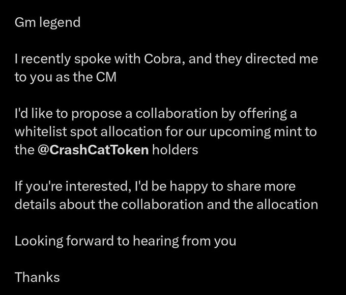 A text message screenshot proposing a collaboration: 'Gm legend. I recently spoke with Cobra... I'd like to propose a collaboration by offering a whitelist spot allocation for our upcoming mint to the @CrashCatToken holders.'