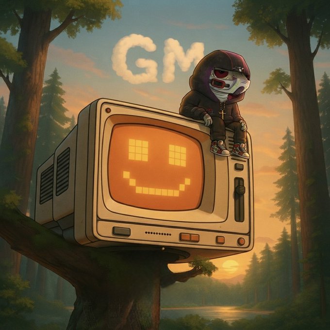 A masked cartoon character in a hoodie and sneakers sits atop a vintage CRT television displaying a pixelated smiley face, with the letters "GM" floating in cloud-like form above a serene forest sunset. The cheerful "GM" greeting and motivational message of perseverance perfectly match the uplifting dawn scene and the character's relaxed, confident pose.