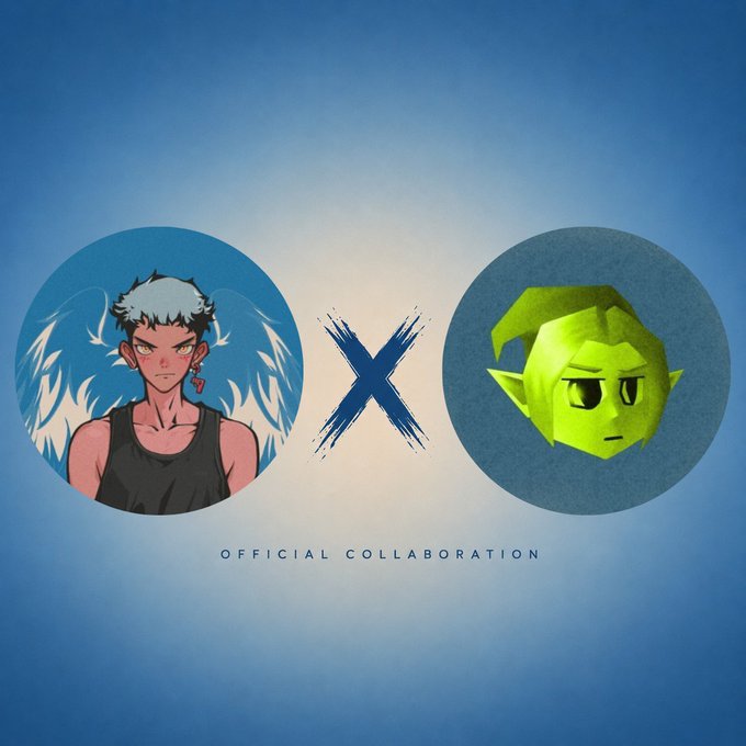 An 'OFFICIAL COLLABORATION' announcement graphic featuring two character avatars in blue circles separated by an 'X' on a blue gradient background.