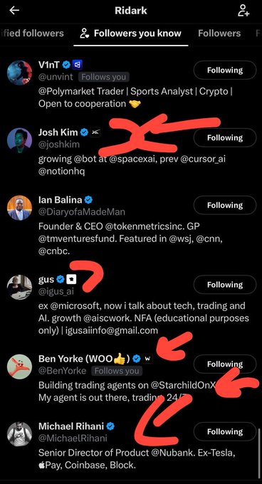 A mobile screenshot shows the X (formerly Twitter) profile "Ridark" with the "Followers you know" tab selected, displaying a list of accounts with red arrows highlighting Josh Kim (@joshkim), Ian Balina (@DiaryofaMadeMan), and Ben Yorke (@BenYorke), all followed by the user. The accompanying post references "$RWA" with the contract address "0x399bf176a04fd7ea73bba98671cb7eaaddde8aaf," suggesting the highlighted crypto-influencer connections may relate to promotion or awareness of this RWA token.