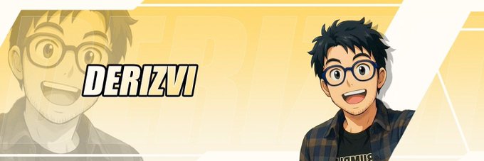 An anime-style YouTube banner featuring a cheerful young man with glasses and dark hair on the right, with the name 'DERIZVI' in bold text and a faded version of his face on the left.