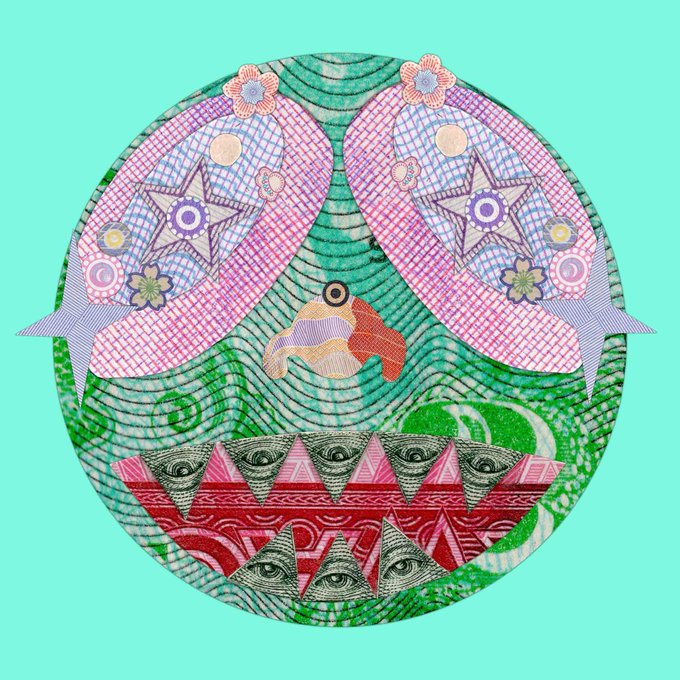 A circular mixed-media collage artwork featuring two pink patterned birds adorned with star and flower motifs perched above a creature-like form, set against a background incorporating green and purple currency-like patterns.