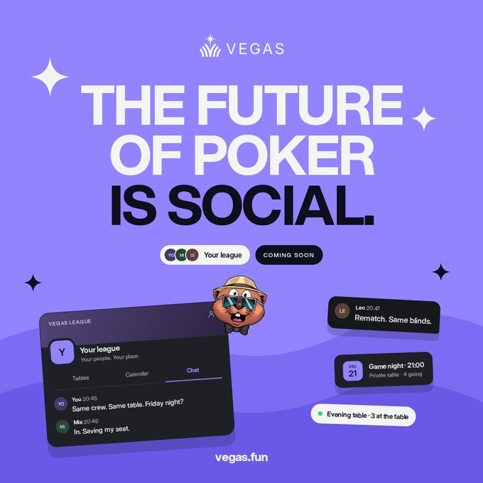 Purple promotional graphic for VEGAS poker with the headline 'THE FUTURE OF POKER IS SOCIAL' showing a 'VEGAS LEAGUE' chat interface and example notifications like 'Rematch. Same blinds' and 'Game night · 21:00'.