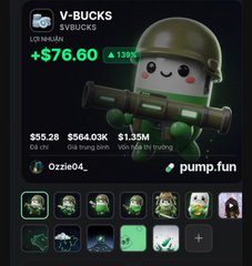Crypto meme coin listing on pump.fun for 'V-BUCKS' featuring a soldier figurine, showing a price of +$76.60 (+536%) and a 1.35M market cap.