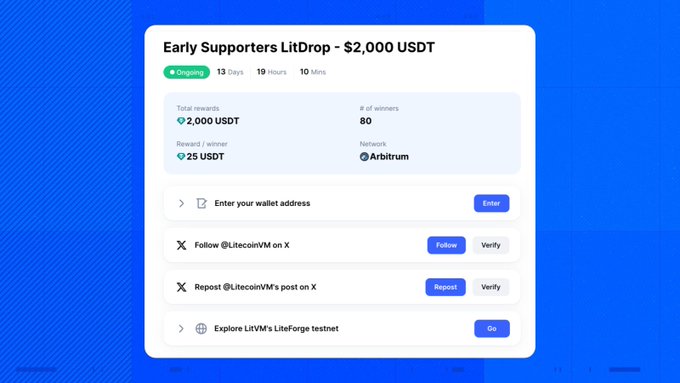 The image displays an "Early Supporters LitDrop" airdrop campaign offering 2,000 USDT in total rewards distributed among 80 winners (25 USDT each) on the Arbitrum network, with a countdown showing 13 days, 19 hours, and 10 minutes remaining. To participate, users must complete tasks including entering their wallet address, following @LitecoinVM on X, reposting their post, and exploring LitVM's LiteForge testnet. This ties to the CMC Quest promotion encouraging users to complete tasks to win rewards while learning about LitecoinVM.