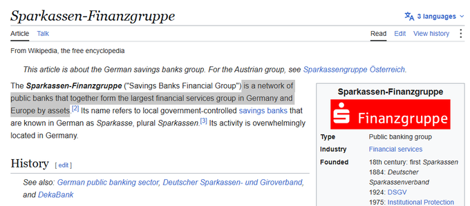 **Image 2:** A Wikipedia article about the 'Sparkassen-Finanzgruppe' (Savings Banks Financial Group), described as a German network of public banks with its logo displayed on the right.