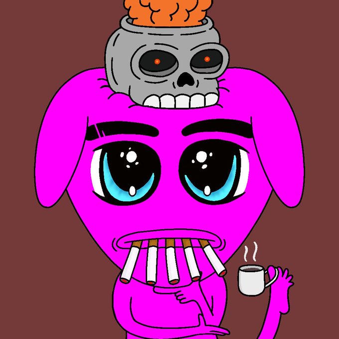A cartoon illustration of a pink heart-shaped character with large blue eyes, holding a coffee cup and a cigarette, with a flaming skull on its head.