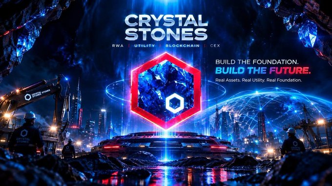 A futuristic promotional banner for "Crystal Stones" featuring the tagline "BUILD THE FOUNDATION. BUILD THE FUTURE." with categories listed as RWA, UTILITY, BLOCKCHAIN, and CEX.
