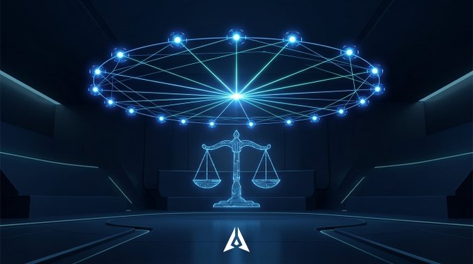 A glowing neural network of interconnected nodes hovers above a wireframe scale of justice in a futuristic dark chamber, visually representing the intersection of AI-driven technology and fair, decentralized decision-making in Web3. The post highlights how GenLayer's Community Portal empowers non-technical users to contribute to fairness and governance in blockchain systems without needing to write code.