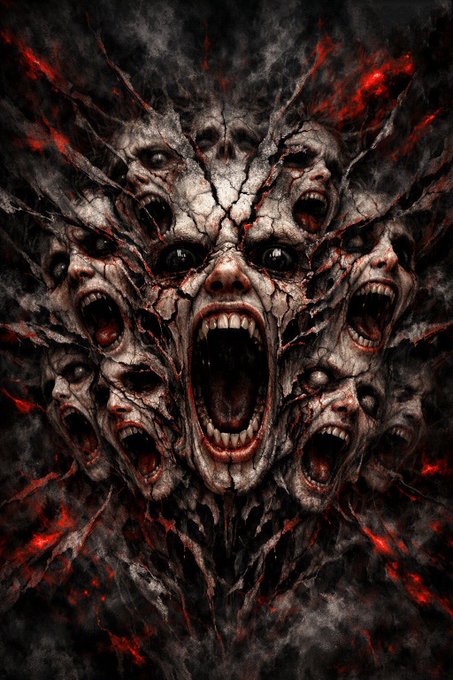 A dark, horror-style digital illustration of a grotesque face with multiple screaming mouths, cracked stone-like skin, and glowing red accents.