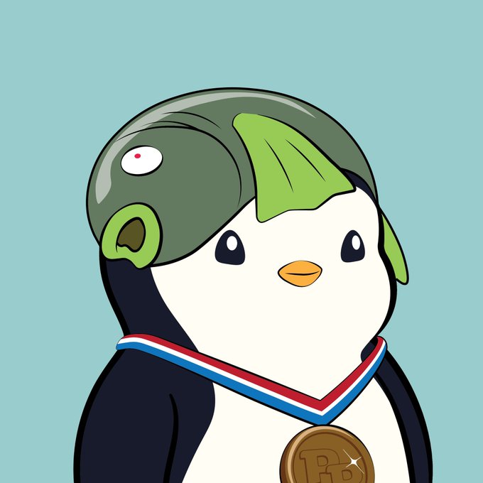 A cartoon illustration of a penguin wearing a green fish-shaped helmet and a red, white, and blue medal ribbon around its neck, featuring a gold medal with a 'B' logo.