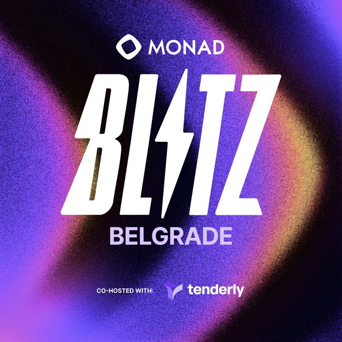 A purple and black gradient promotional graphic for 'MONAD BLITZ BELGRADE,' co-hosted with Tenderly.