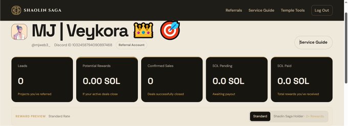 The image shows a Shaolin Saga referral dashboard for user "MJ | Veykora" (Discord ID 1032458794208974688), displaying zero leads, 0.00 SOL in potential rewards, no confirmed sales, and 0.0 SOL pending or paid, with a reward preview showing 2% rewards for standard users and 40% for Shaolin Saga holders. This aligns with the post highlighting Shaolin Saga's referral program where standard members earn 20% and token holders earn 40% for connecting projects and helping close deals through Temple.