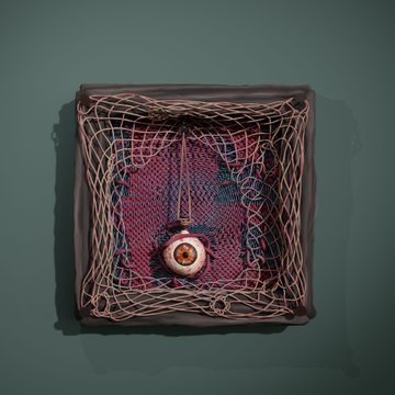 A square digital sculpture displayed against a dark green background features intricate woven and knotted thread-like structures in pink, red, and blue hues, with a small spherical eye-like element at the center. The piece, titled "Woven Noose of Reverie," translates the artist's textile arts expertise into a complex 3D-rendered light-responsive artwork priced at 50 Tez as a GLB file.