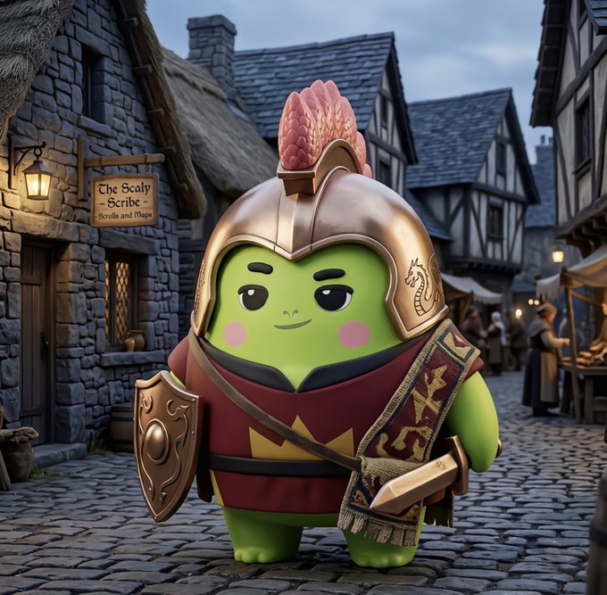 The image features a green frog character with a gold helmet and armor standing on a cobblestone street surrounded by buildings. The frog has a sword in its hand, which adds an element of action to the scene. The background includes a sign that reads "The Scaly Scribble" and another sign that says "token economies don' t die because the product is bad they die because there's only one type of buyer the kind that vanishes the moment emissions slow down @sleepagotchi is building around that exact problem consumers lock". The frog character seems to be promoting a new product or service, possibly related to token economies.