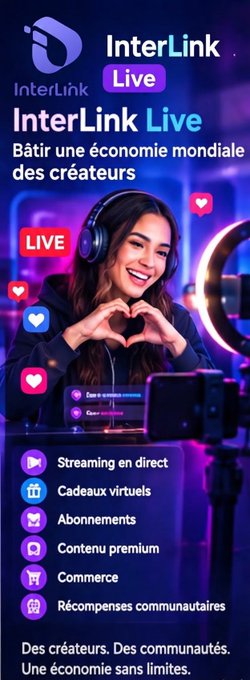 Promotional graphic for 'InterLink Live' featuring a woman making a heart shape, advertising live streaming, virtual gifts, subscriptions, premium content, and commerce features in French.