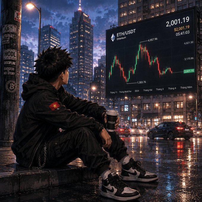 A man wearing black clothing sits near a city street, holding a cup of coffee, with an electronic board displaying stock market trends behind him. The caption for this image includes words such as "Đây thật là bộ dạng bệ rạc của tôi khi nhìn ขETHUSDT $2,001.19", which seems to reference a specific stock or cryptocurrency exchange activity on the electronic board. The scene takes place in an urban environment with tall buildings and streetlights illuminating the area.
