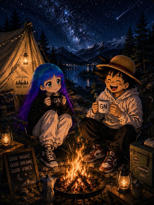 Two anime characters sit by a campfire under a starry night, holding mugs labeled "GN," while a nearby chalkboard reads "GOOD NIGHT, GOOD DREAMS, GOOD VIBES" — capturing the cozy, end-of-day wind-down vibe of the "GN CT" (good night, Crypto Twitter) message celebrating survival through another volatile trading day.