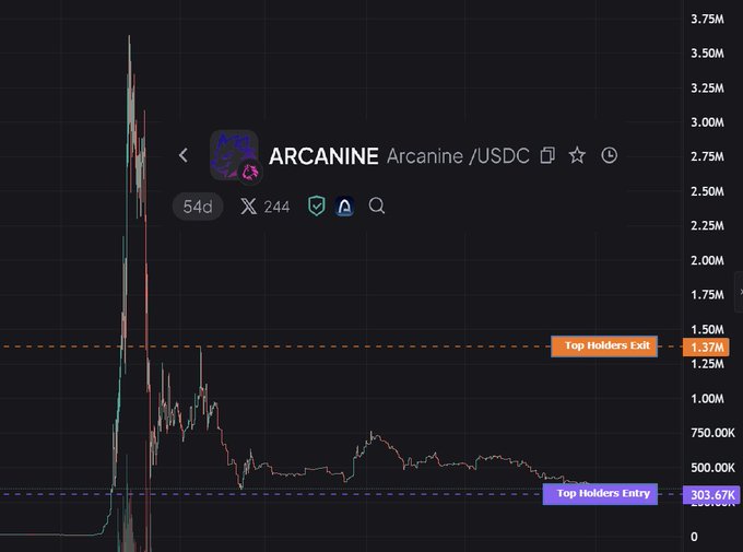 A price chart for the ARCANINE / USDC memecoin token showing a massive initial spike followed by a steep decline, with markers indicating "Top Holders Exit" at 1.37M and "Top Holders Entry" at 303.67K.