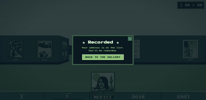 A video game screenshot showing a 'Recorded' confirmation dialog box. The text states 'Your address is on the list. You'll be rewarded.' with a 'BACK TO THE GALLERY' button. The background shows various room thumbnails including 'MEDICI', 'EAST 2618', and others.