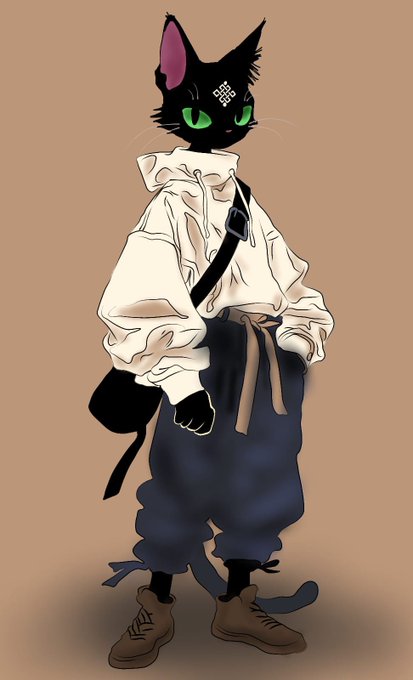 An anime-style illustration of a black cat with green eyes and a diamond mark on its forehead, wearing a white hoodie, navy cargo pants, and brown boots, posed against a tan background.