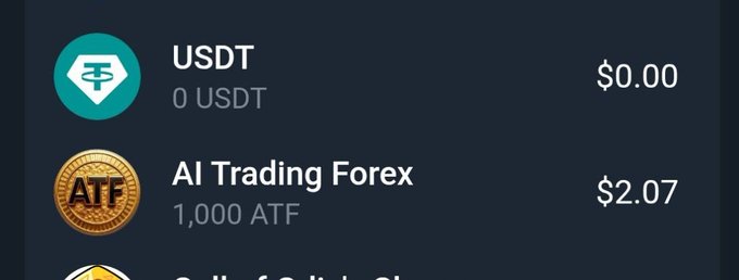 A digital wallet interface showing a balance of '0 USDT' worth '$0.00' and '1,000 ATF' (AI Trading Forex) worth '$2.07'.