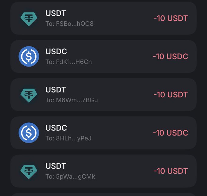 A dark crypto transaction list shows five outgoing payments of **−10 USDT** or **−10 USDC** to truncated wallet addresses, alternating between **USDT** and **USDC** tickers. The image illustrates the accompanying post’s giveaway message: **“Sent $50 to 5 people”**, followed by a **$150 winner announcement** and mentions of **@reonquiem, @clara_cee1, @tobiionduty, @_beikigai, and @praizeybnb**.
