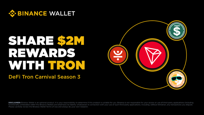 Binance Wallet promotional banner for 'SHARE $2M REWARDS WITH TRON - DeFi Tron Carnival Season 3' featuring logos for Binance, TRON (TRX), and other cryptocurrencies.
