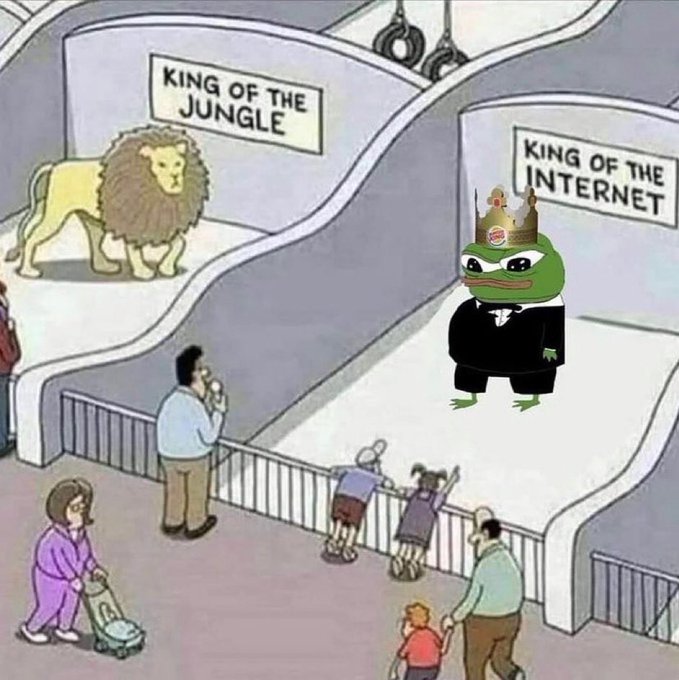Meme image depicting a lion in 'KING OF THE JUNGLE' enclosure with few spectators, while a crowned Pepe the Frog wearing a tuxedo in 'KING OF THE INTERNET' enclosure draws a large crowd.