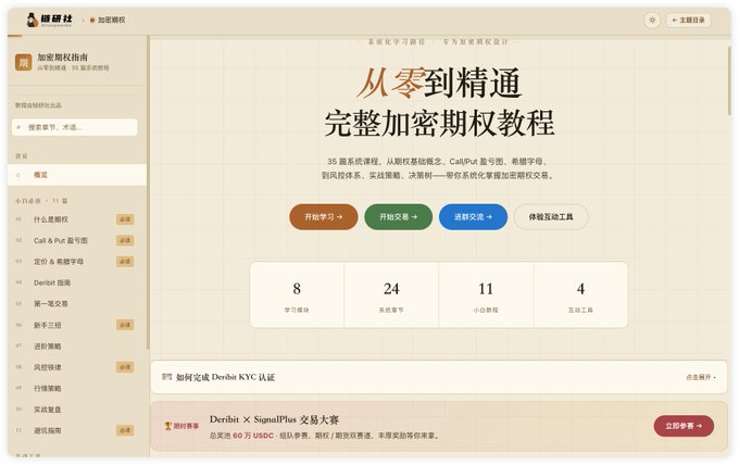 The image shows a Chinese-language website tutorial titled "从零到精通 完整加密期权教程" (Complete Crypto Options Tutorial from Zero to Mastery) by 研报社, featuring 8 modules, 24 sections, 11 mini-courses, and 4 interactive tools, with a sidebar listing topics like Deribit Charts, Call & Put options, Dorbit charts, and 波段策略 (swing trading strategies), along with a banner for "Deribit × SignalPlus" with a 60% team rebate offer.

The accompanying post about Coinbase registration appears unrelated to this image, as the screenshot depicts educational content about crypto options trading and Deribit promotions rather than anything about Coinbase exchange access or phone number registration.