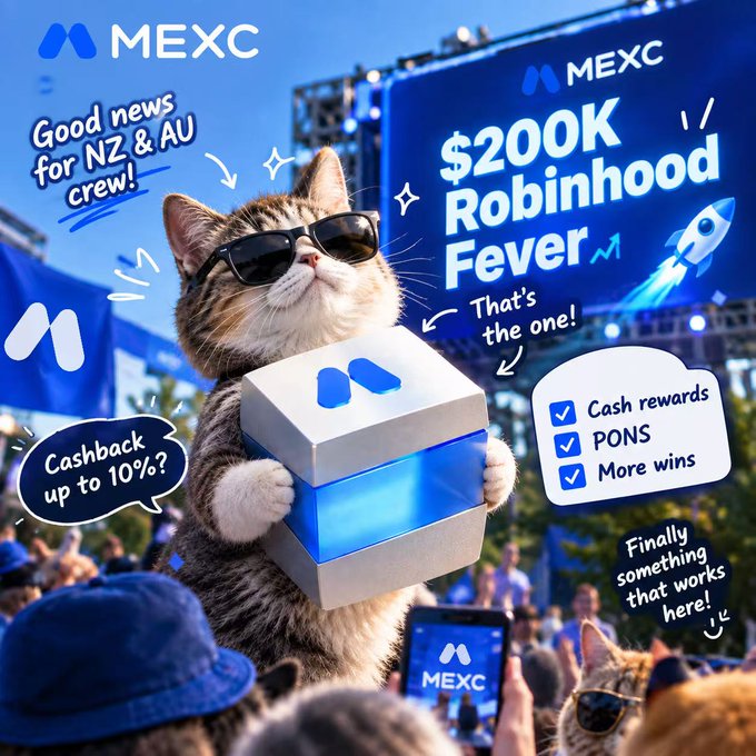 A promotional advertisement for MEXC exchange featuring a cat wearing sunglasses holding a blue MEXC box, advertising '$200K Robinhood Fever' with cashback up to 10% for NZ & AU customers.