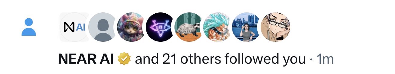 A Twitter/X notification showing NEAR AI (verified) and 21 others followed you, with profile pictures including anime characters and wildlife.