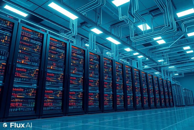 A futuristic 3D rendering of a server room with rows of glowing server racks beneath blue overhead pipes, marked with "Flux AI" in the corner.