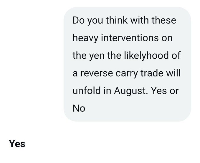 A screenshot of a text exchange asking about the likelihood of a reverse carry trade on the yen in August following heavy BOJ interventions, to which the response is "Yes."