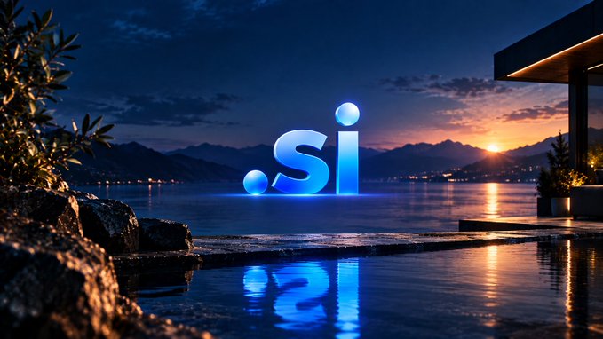 An illuminated blue '.si' logo stands by a calm body of water at dusk, with mountains and a sunset on the horizon and its reflection visible on the water's surface.