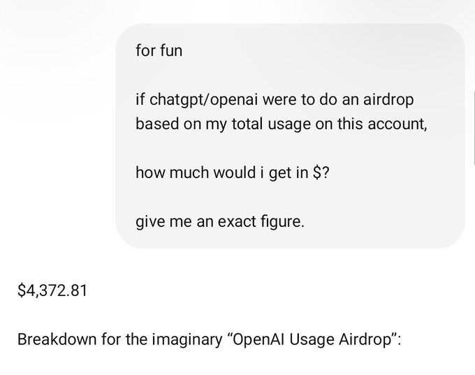 A screenshot of a chat with an AI showing the response "$4,372.81" with a "Breakdown for the imaginary 'OpenAI Usage Airdrop':" heading, illustrating the hypothetical ChatGPT/OpenAI airdrop amount the user would receive based on their account usage.