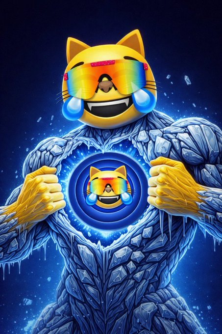 A digital illustration of a muscular, rock-like humanoid figure with a crying laughing cat emoji head wearing rainbow sunglasses, featuring a matching cat emoji emblem on its chest.