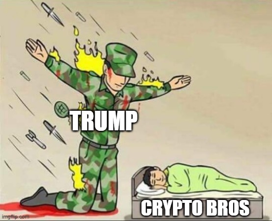 The image features a cartoon soldier kneeling down with his hands raised above his head while holding a gun. The soldier's arms are outstretched as if he is praying or offering something. Below him, there is a text that reads "TROPHY CRYPTO BROS" which translates to "THE TRUMP presidency". This phrase seems to be a reference to the Bitcoin cryptocurrency and its value in relation to the Trump presidency.

The image also includes several knives scattered around the soldier's feet, suggesting a connection between the guns and the knives. The overall scene is a humorous take on the relationship between the Trump presidency and Bitcoin.