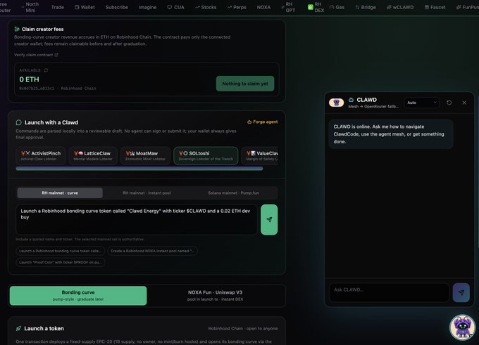 A dark-themed web application interface for launching and claiming tokens, with options for "Claim creator fee" and "Launch with a Clawd", alongside a CLAWD chat panel on the right.
