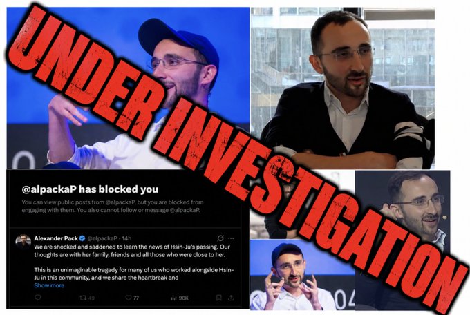 A collage showing multiple images of a man with the text "UNDER INVESTIGATION" stamped across in red, alongside a screenshot of the Twitter/X account "@alpackaP" displaying a statement about being "shocked and saddened to learn of the news of Hsin-Ju's passing," indicating the subject is under scrutiny for an alleged murder connected to the crypto community.
