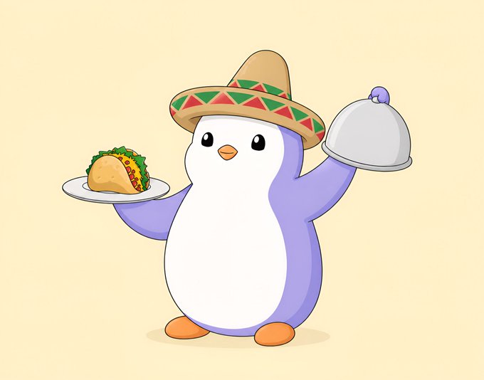 A cute cartoon penguin wearing a sombrero holds a plate of tacos in one hand and a silver cloche in the other against a beige background.