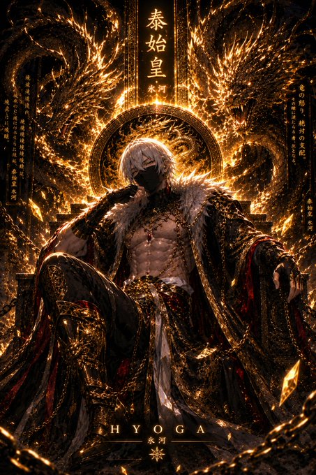 A dramatic fantasy illustration shows a white-haired masked figure in elaborate dark and gold attire seated on a throne, surrounded by golden dragons, with Japanese text '秦始皇' and 'HYOGA' visible.