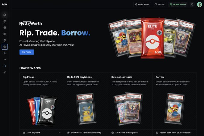 A website screenshot for 'NettyWorth' advertising 'Rip. Trade. Borrow.' as the fastest-growing marketplace for physical trading cards, with Pokemon cards and PSA slabs visible.