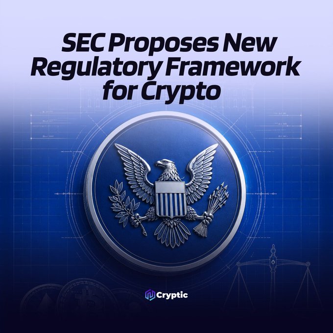 The image features bold text reading "SEC Proposes New Regulatory Framework for Crypto" displayed above the SEC seal, with scales of justice subtly visible in the lower right, visually reinforcing the post's announcement of the SEC's proposed rules offering exemptions for token offerings up to $5M over four years and $75M annually.