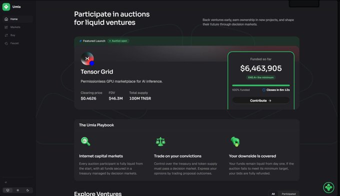 A screenshot of the Umia "Participate in auctions for liquid ventures" dashboard highlights a featured launch for Tensor Grid, a permissionless GPU marketplace for AI inference, showing a funded-so-far total of $6,463,905 against an $8.6M milestone, 100% funded, with 6m:12s left and a closing price of $0.4626 for 100M TNSR. The post promotes Umia's free public testnet, letting users trade with test tokens via app.testnet.umia.finance, mirroring the auction interface and playbook concepts (Internet capital markets, conviction-driven trades, downside protection) shown in the UI.